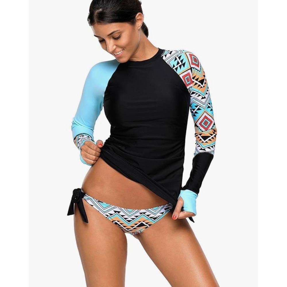 Long Sleeve Black & Turquoise Tribal Print Women's Rash Guard Bikini Set